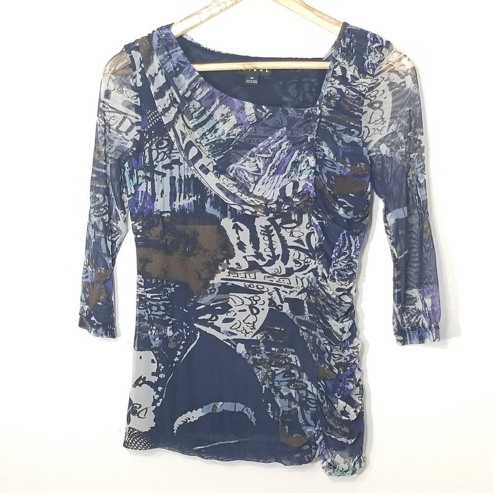 Tribal Sheer Arms Abstract Blue Brown Top 3/4 Sleeves Business Casual XSmall